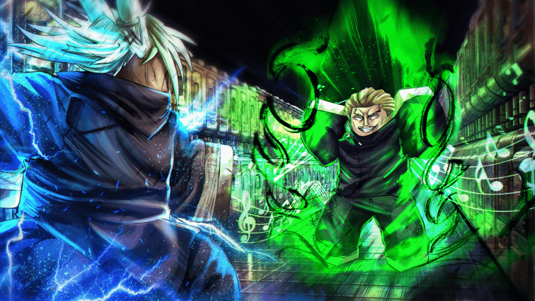 Official Jujutsu: Zero artwork showing two sorcerers facing off amid blue and green energy in a city